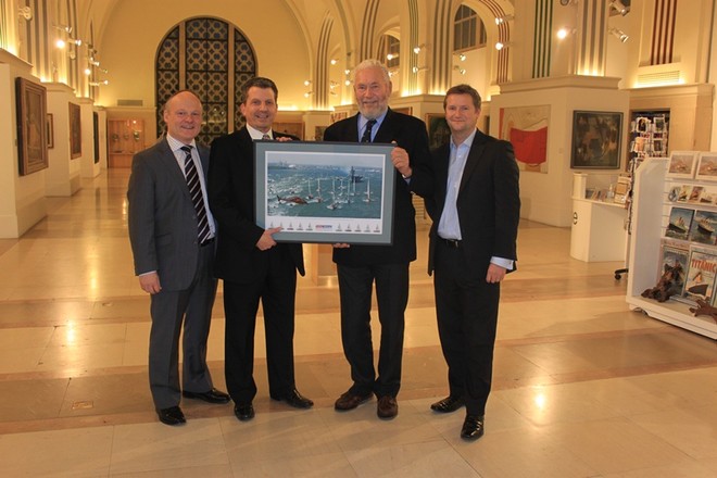 (l to r): Cllr Royston Smith, Leader of Southampton City Council, Councillor John Hannides, Cabinet Member for Leisure and Culture, Clipper Chairman, Sir Robin Knox-Johnston, and Dean Smith, Marketing Director, MDL Marinas celebrate Southampton’s successful bid to host the Clipper 11-12 race finish. © OnEdition/Southampton City Council
